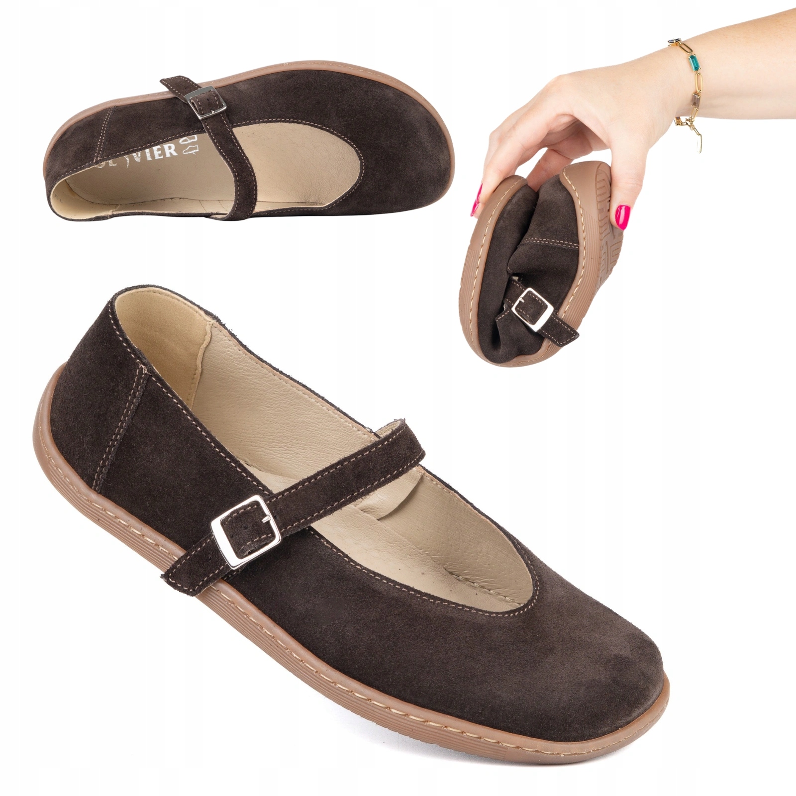 Barefoot damskie baleriny skórzane Olivier Beatriz szeroki przód brązowe 41