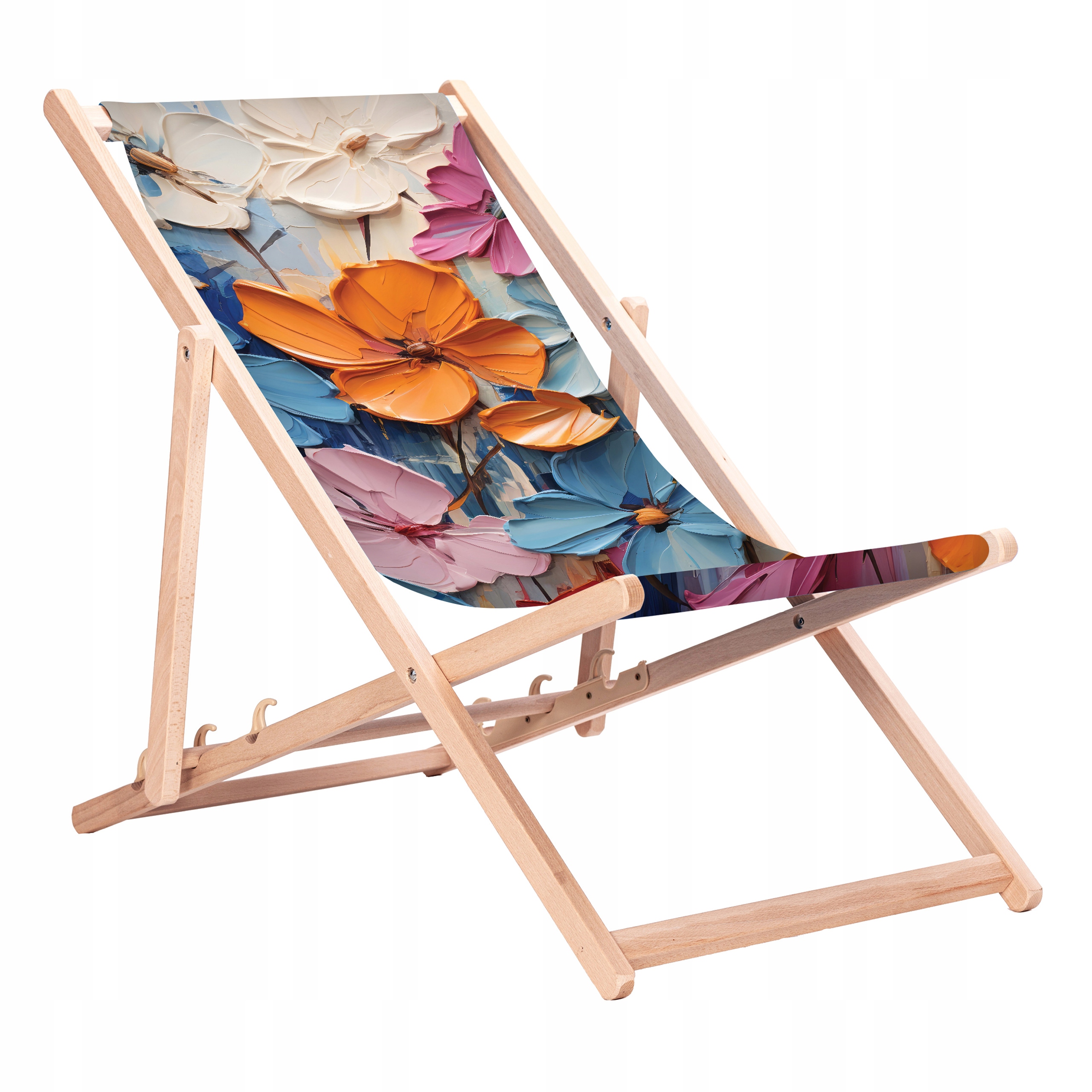 Leżak Drewniany Plażowy z Nadrukami Kwiaty 3D Bukowe Leżaki KN130