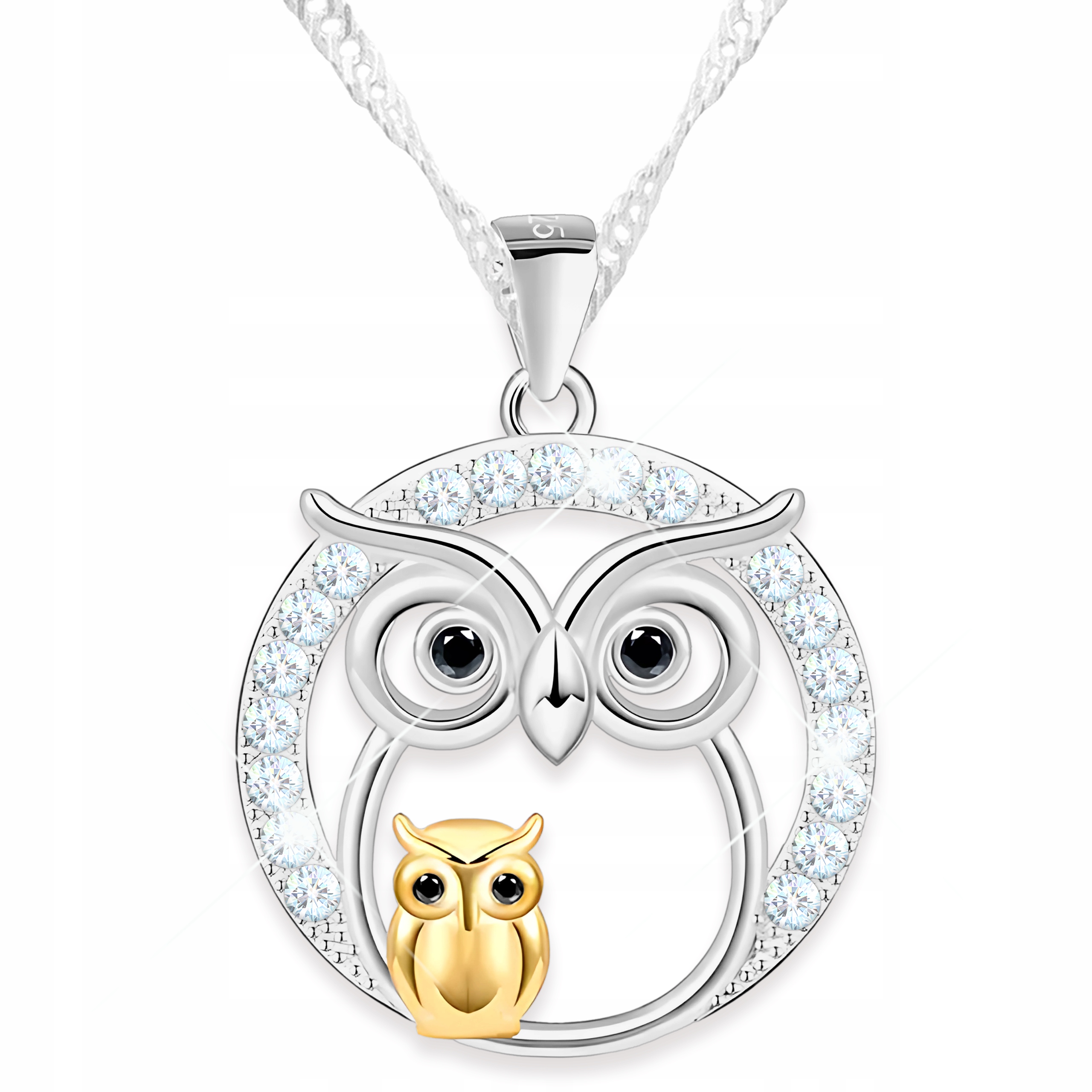 Stříbrný náhrdelník Kolečko se sovou Křišťály Černá Zirkon Sovička Stříbro 925