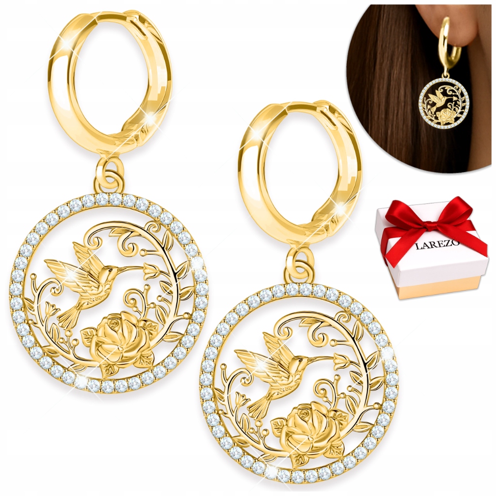 Zlaté Náušnice Kolibřík , květinami, růžemi a kubickými zirkony, vlaštovka, Stříbro 925