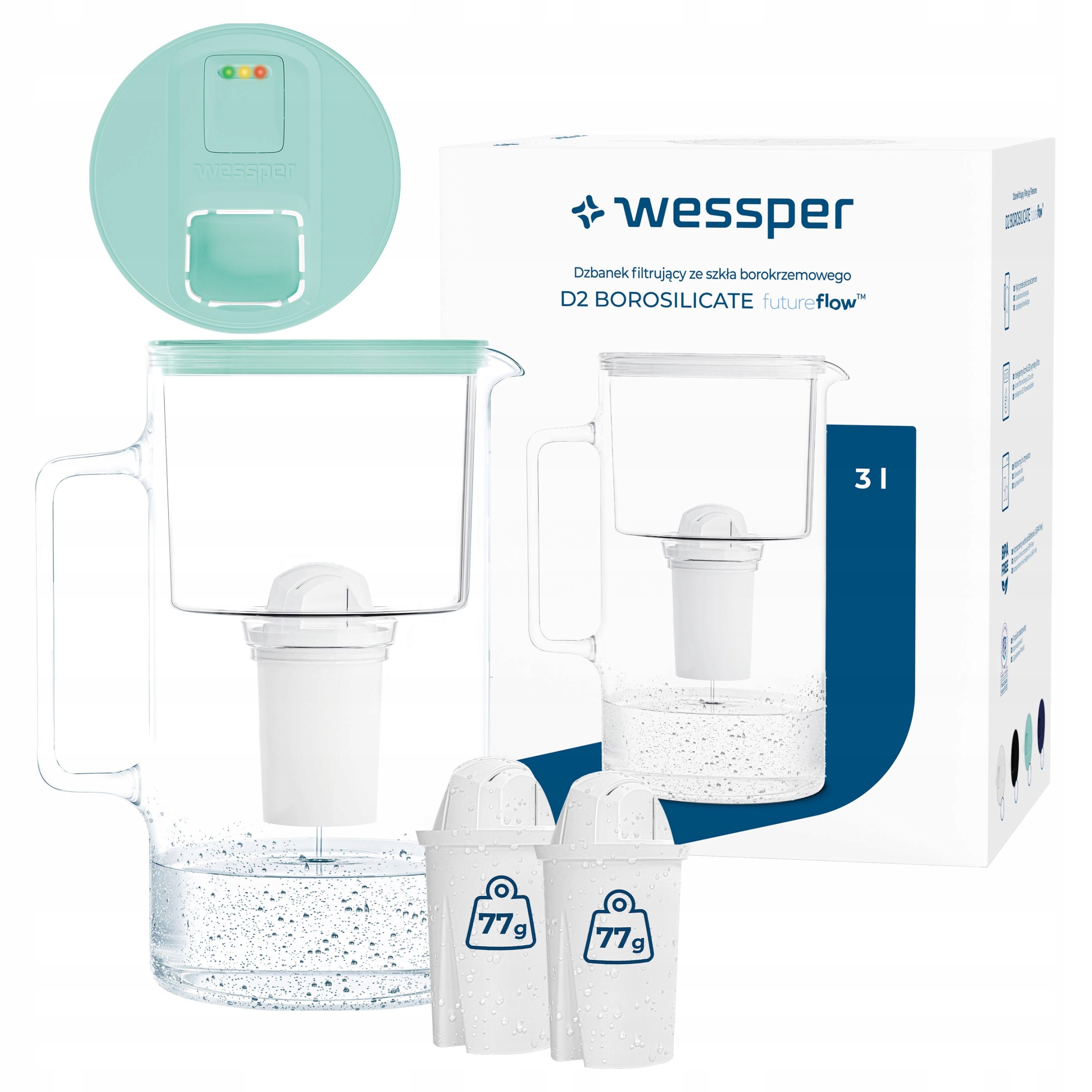 Skleněná filtrační konvice s Led počítadlem 3 l Wessper D2 Borosilicate 3 filtry