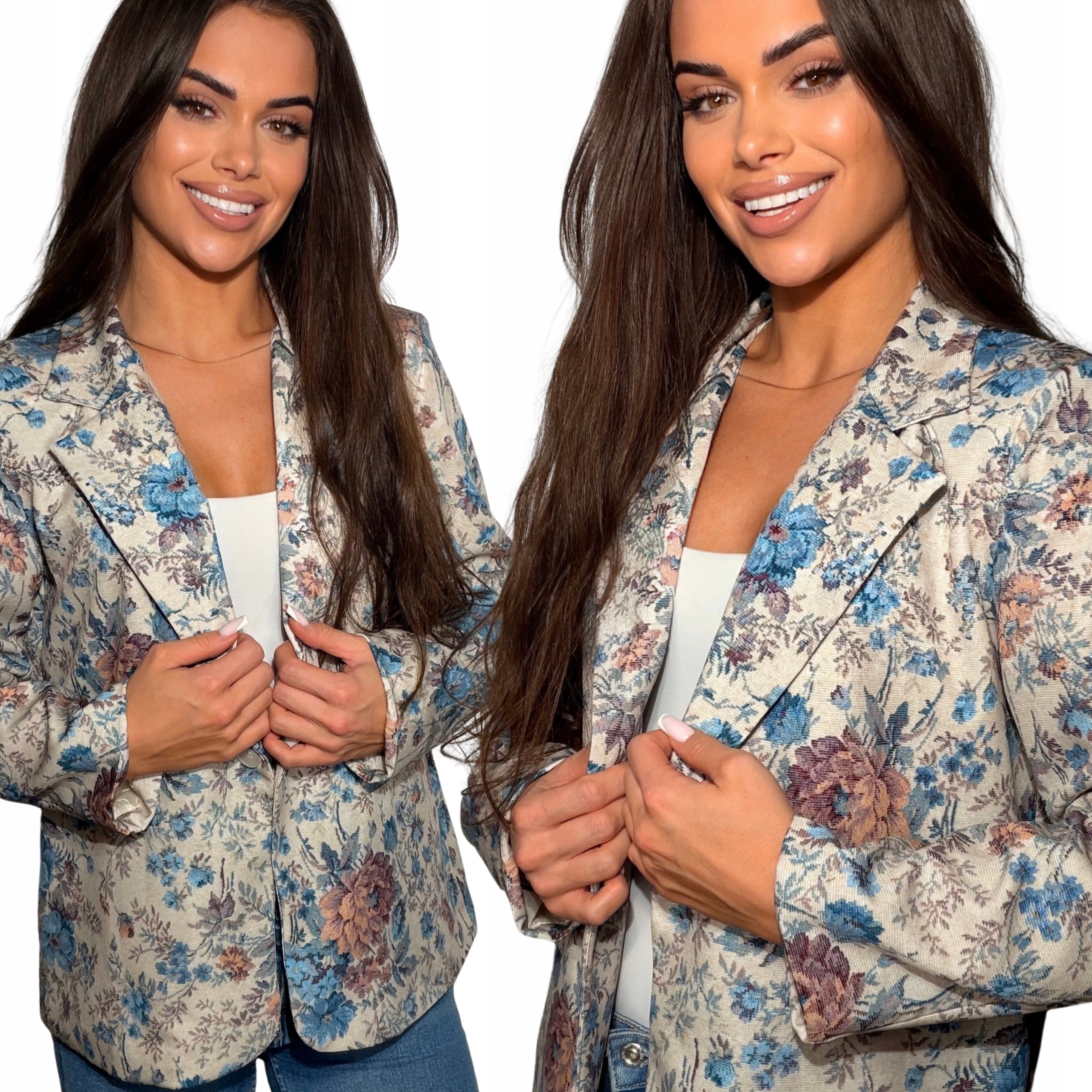 Marynarka Damska Żakiet Kobiecy Kwiaty Klasyk Wiosna Niebiesk S M L XL 3116