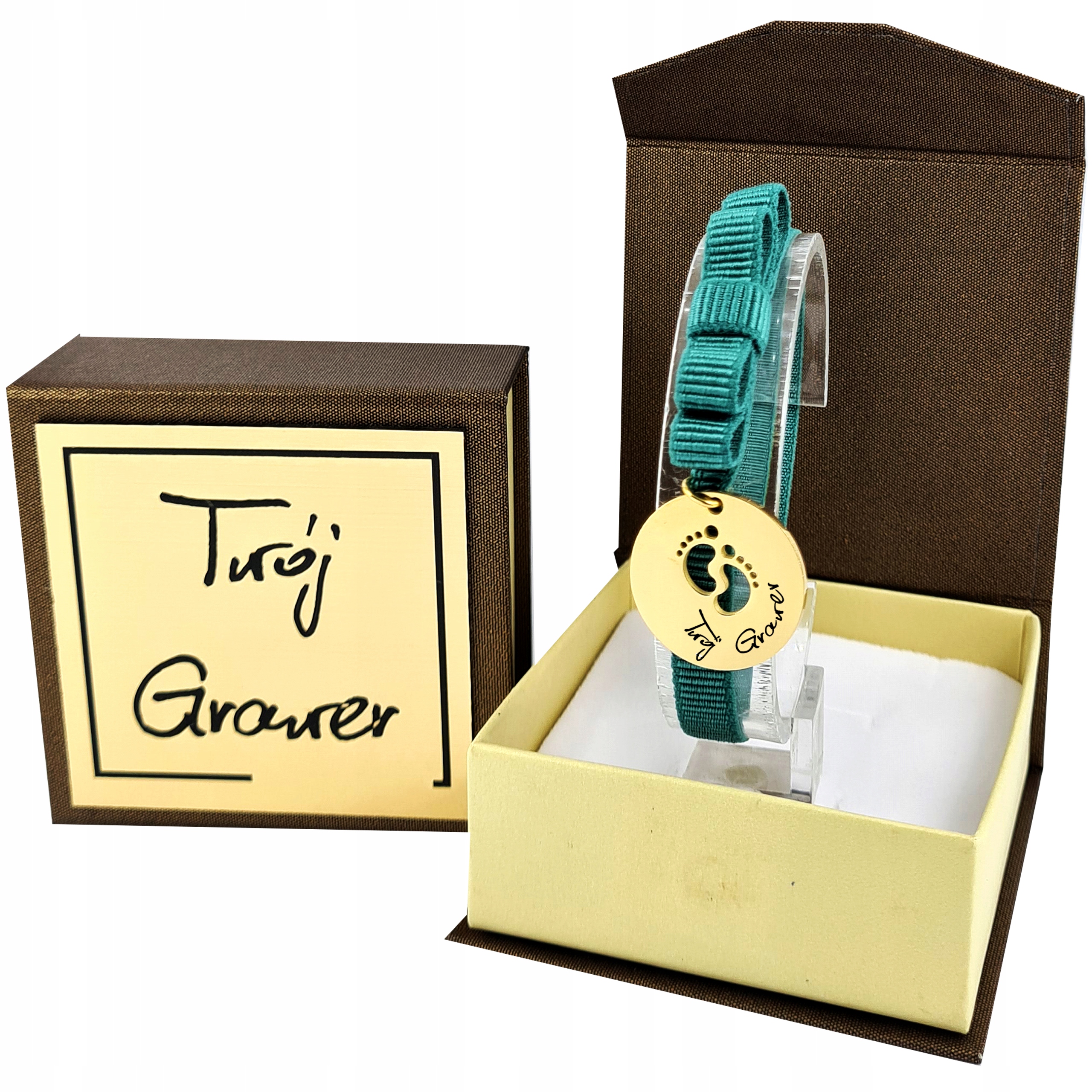 

Bransoletka z grawerem złota stópki Zielona