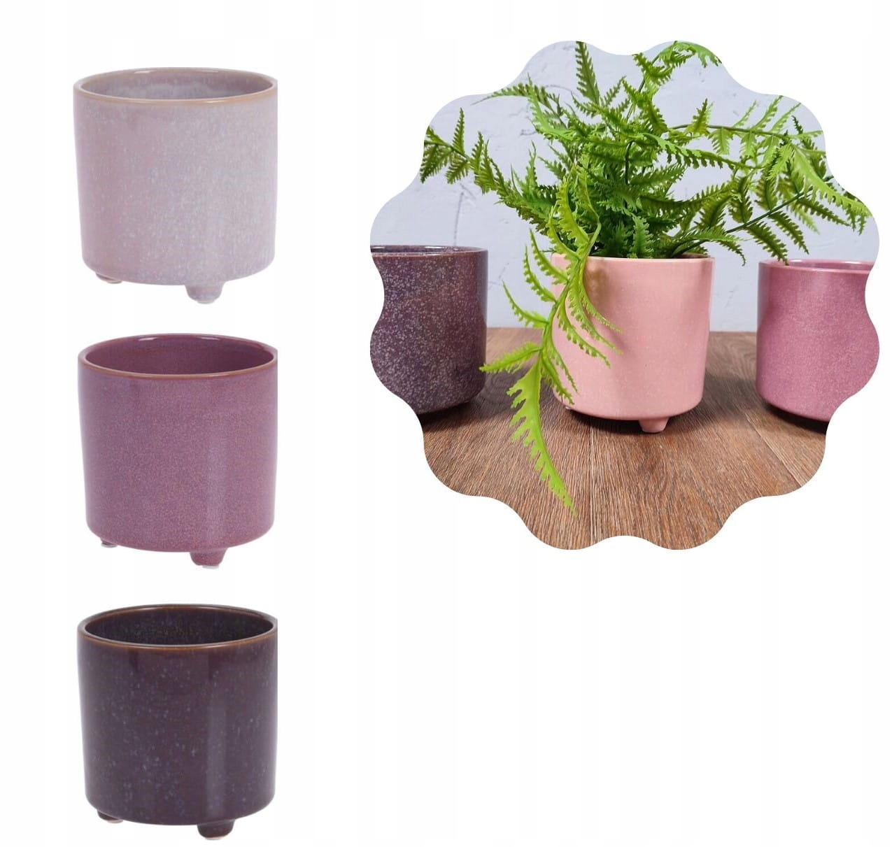 

Doniczka Ø12 różowa połysk ceramiczna na nóżkach