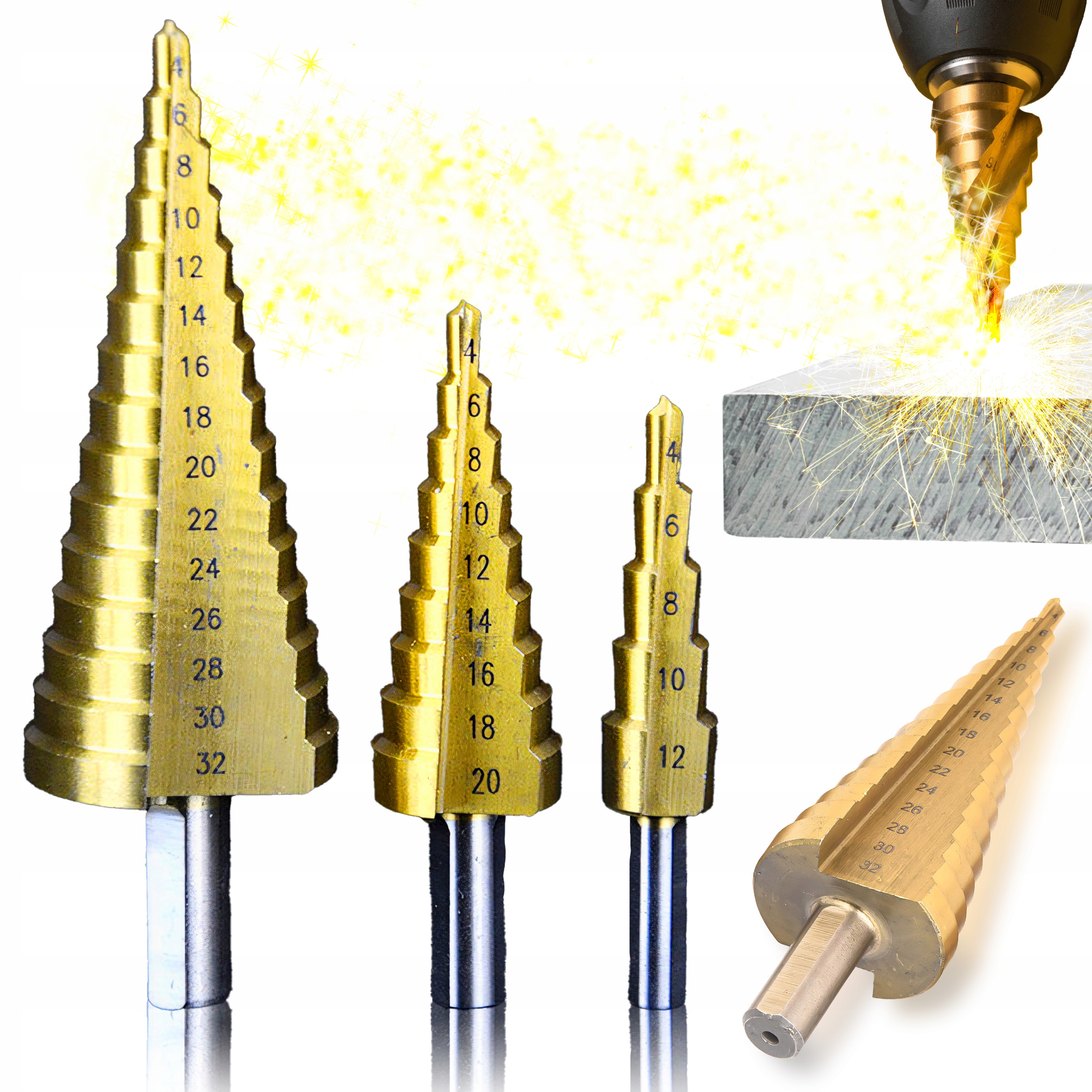 WIERTŁA STOŻKOWE STOPNIOWE 4-32MM ZESTAW WIERTŁO HSS DO METALU 3 SZTUKI Stan opakowania oryginalne