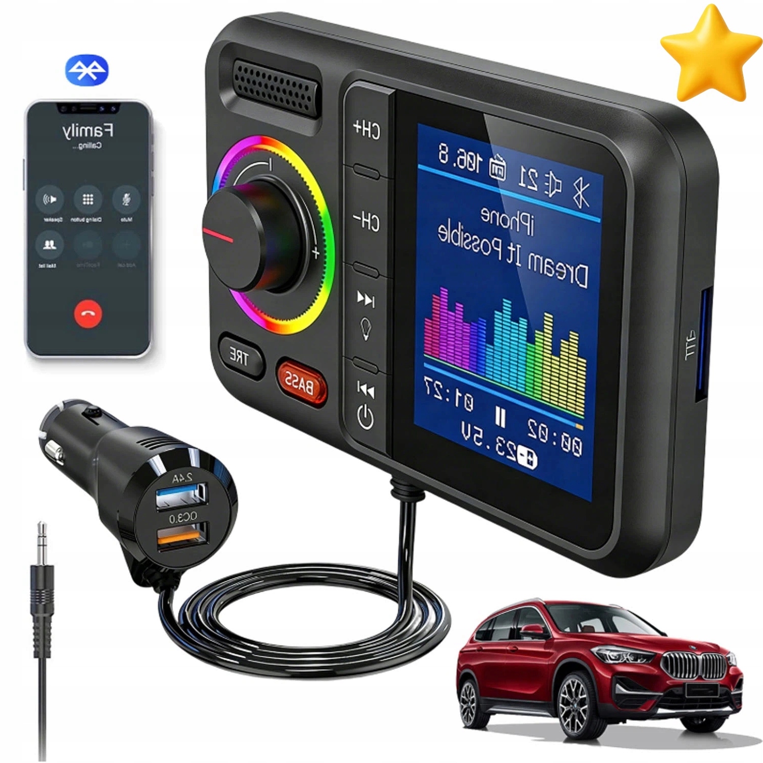 Transmiter Bluetooth Fm Samochodowy 2X Usb QC3.0 MP3 Aux Rozmowy