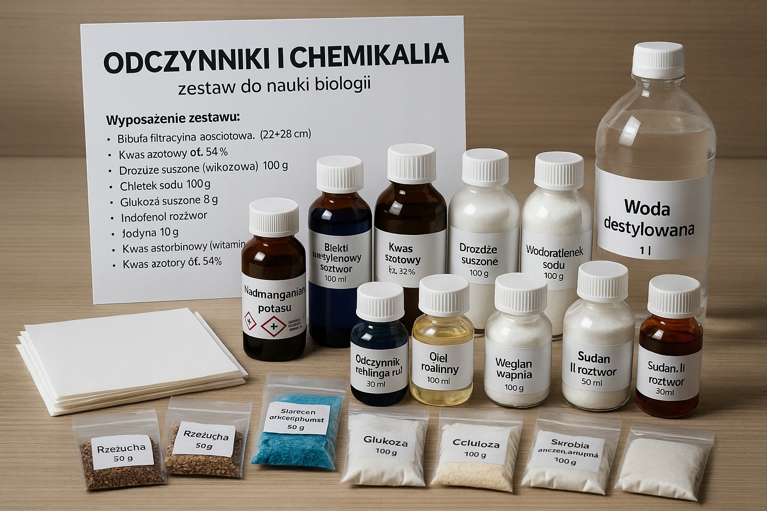 Zestaw odczynników i chemikaliów dydaktycznych.
