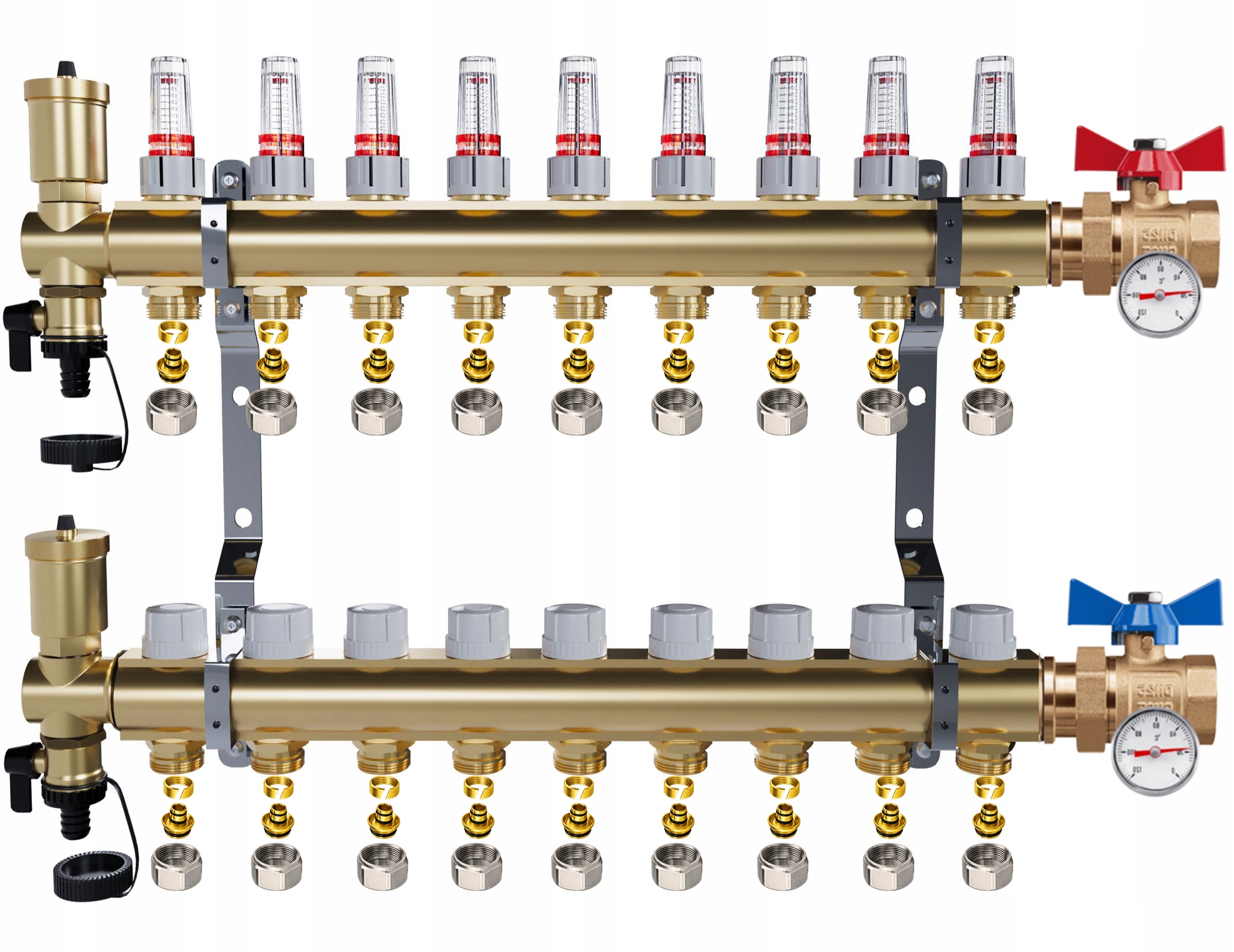 Rozdělovač Pro Podlahovku 9 Okruhů Jednoduchý Kulový Ventil Teploměr Pex