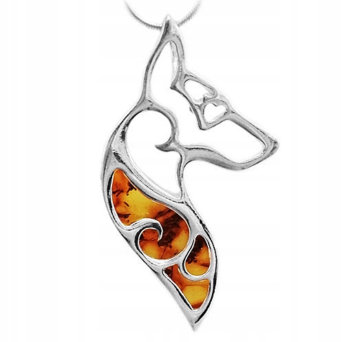 Sebrny Pes Vlk přívěsek s baltským Jantarem Stříbro 925