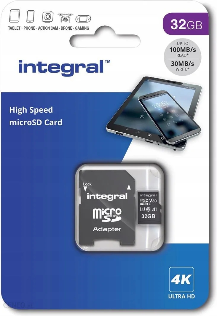 Karta pamięci Integral High Speed Microsdhc 32Gb (INMSDH32G100V30)+adapter