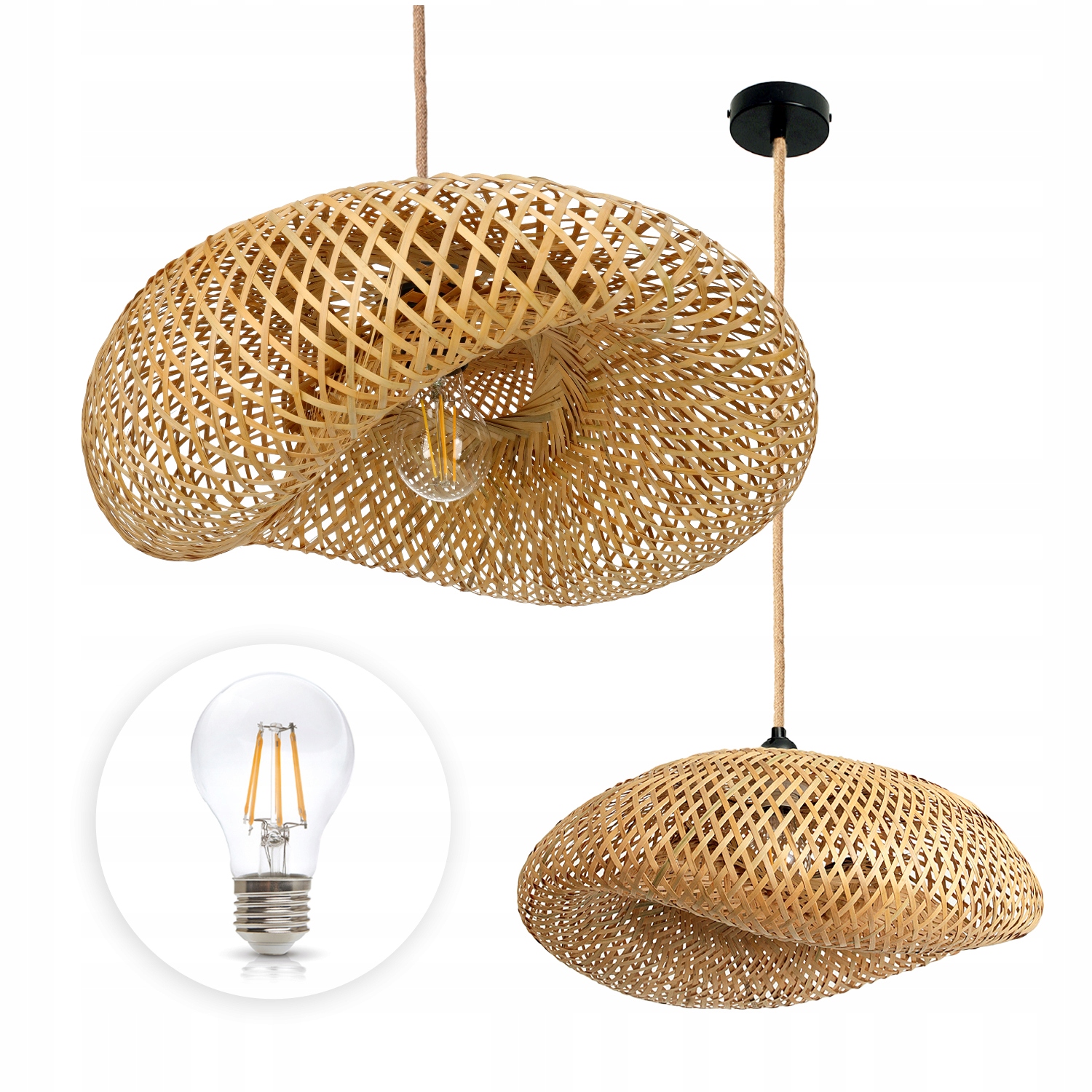 Sada Bambusová závesná lampa Boho stropná žiarovka 7W E27 Teplá farba