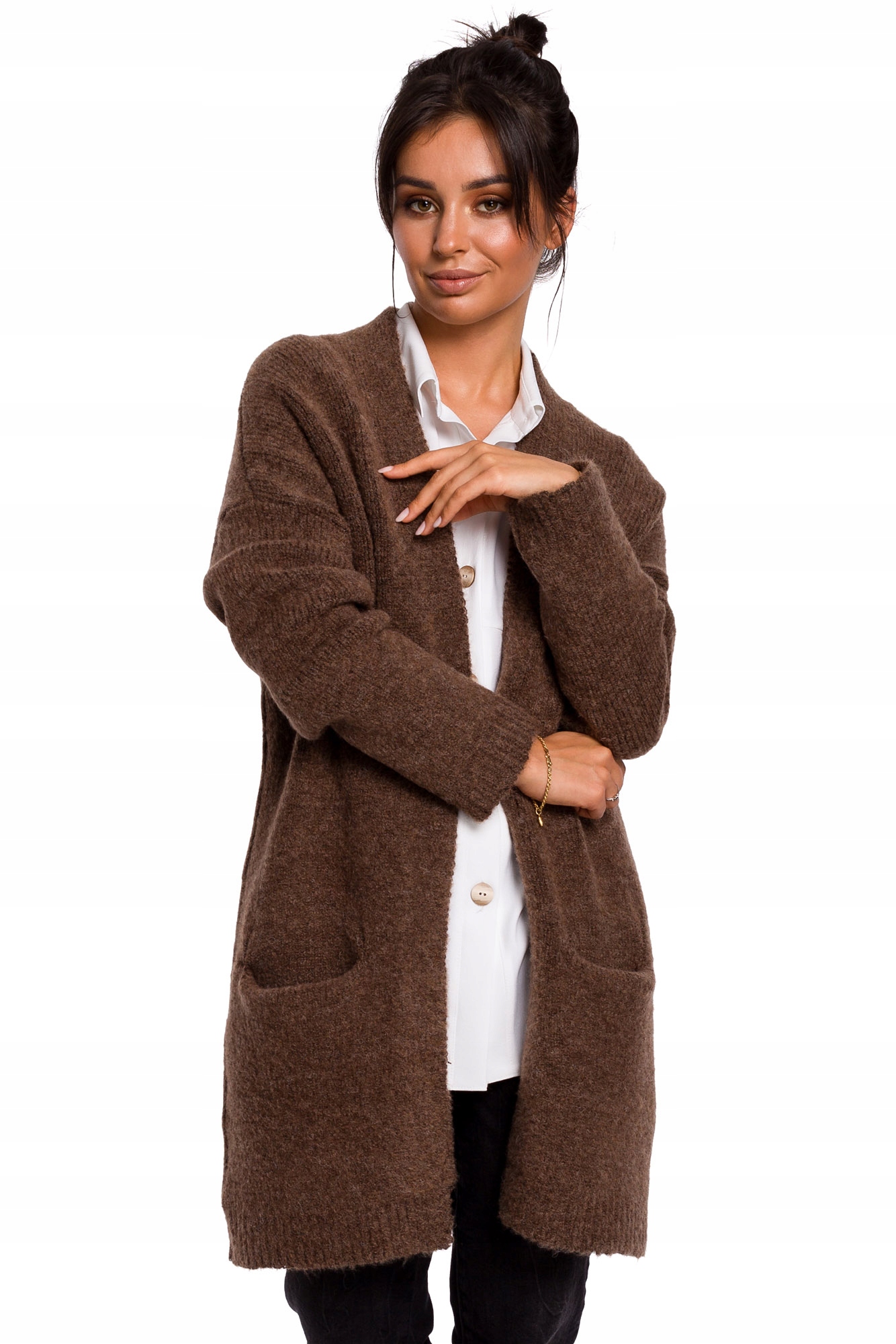 

BK034 Kardigan Gładki Z Kie ~s/m~ Brązowy Be Knit