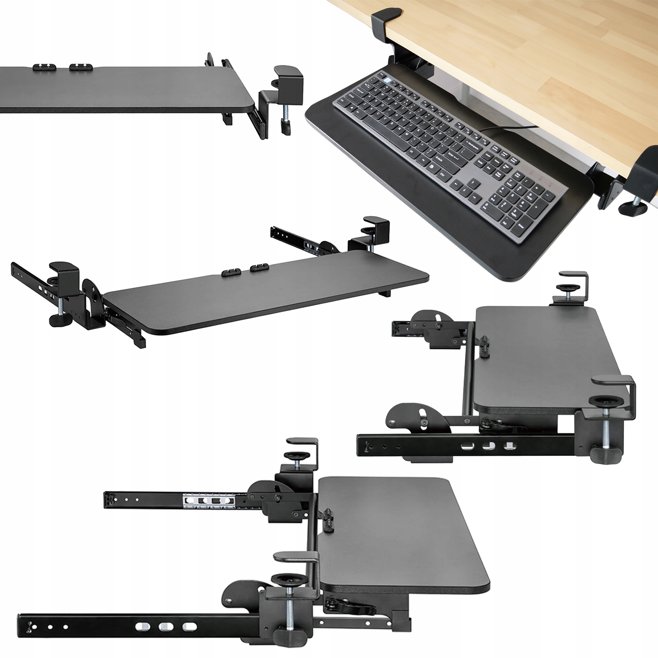 Nastaviteľný výsuvný držiak/podložka pod klávesnicu, montáž pod stôl, nosnosť do 5 kg, 50 x 24 cm