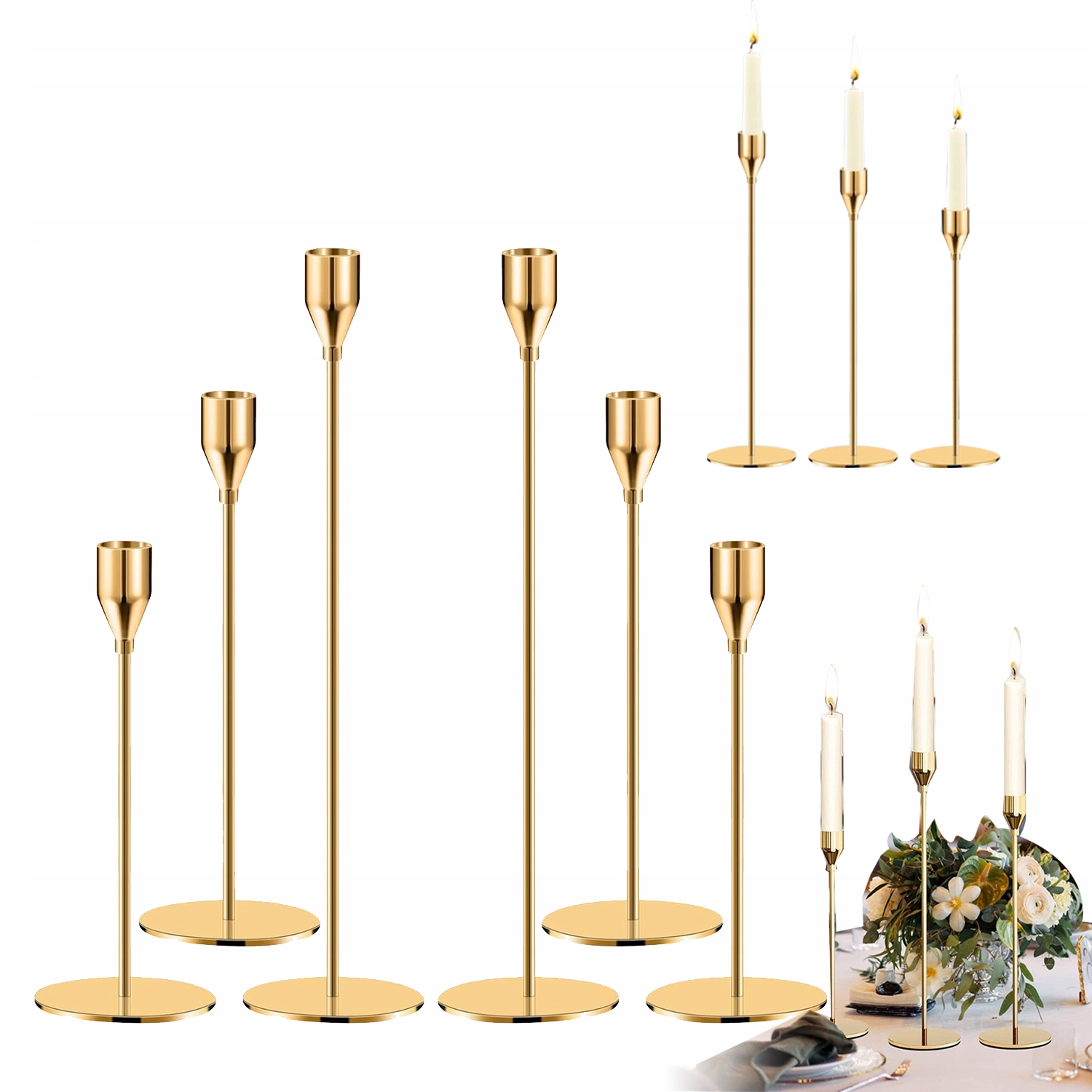 6 X Zlaté Vysoké Kovové Svícny Glamour, Stabilní Led Svíčka, Elegantní