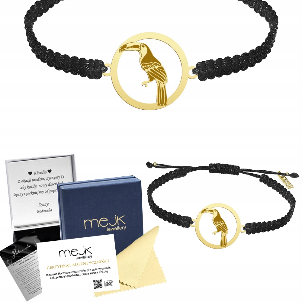 Zlatý náramek s ptákem Tukan 925 Makramé Dárek Šperky Gravírování