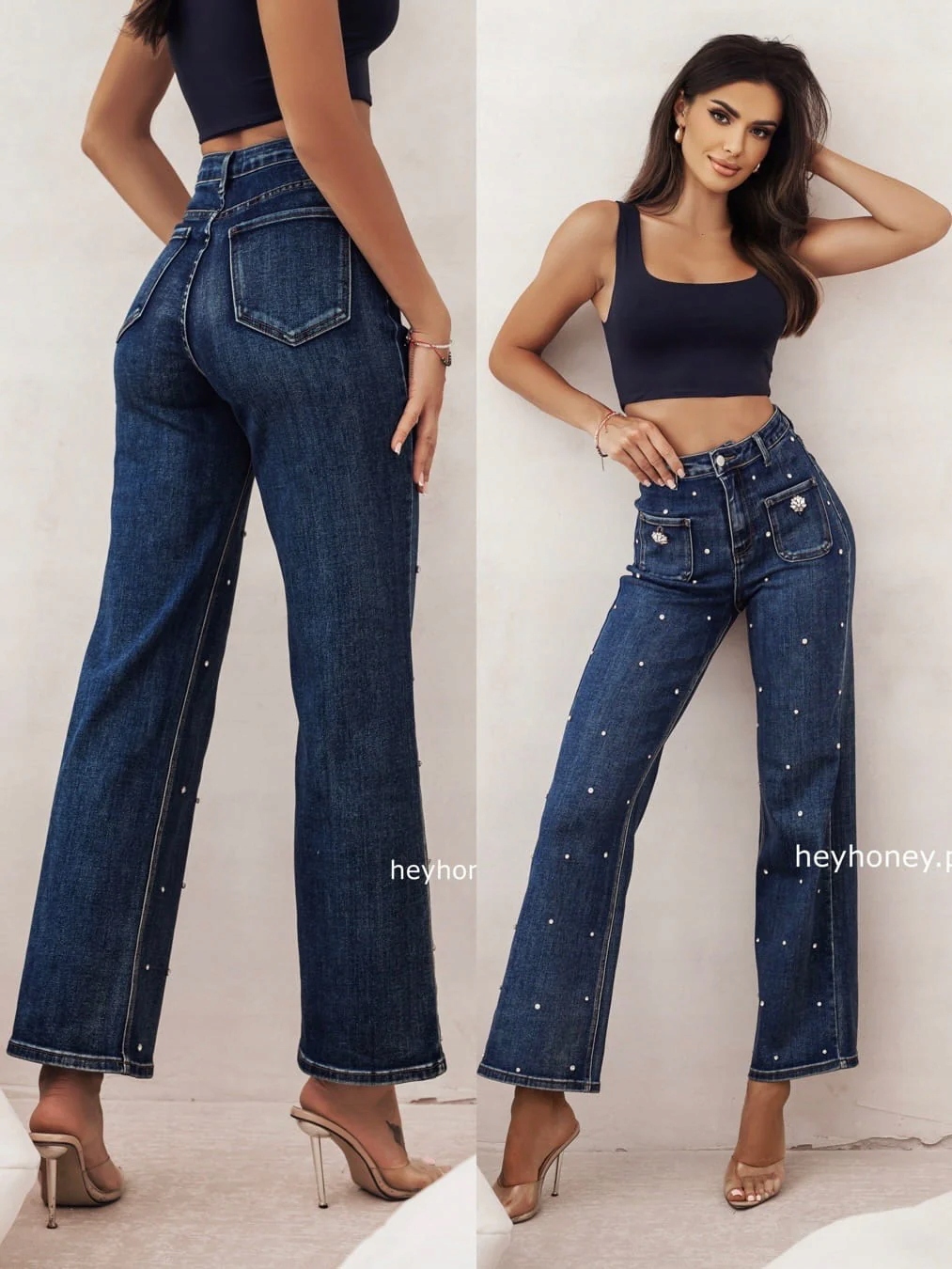 Džíny s širokými nohavicemi zdobené zirkony Versati L