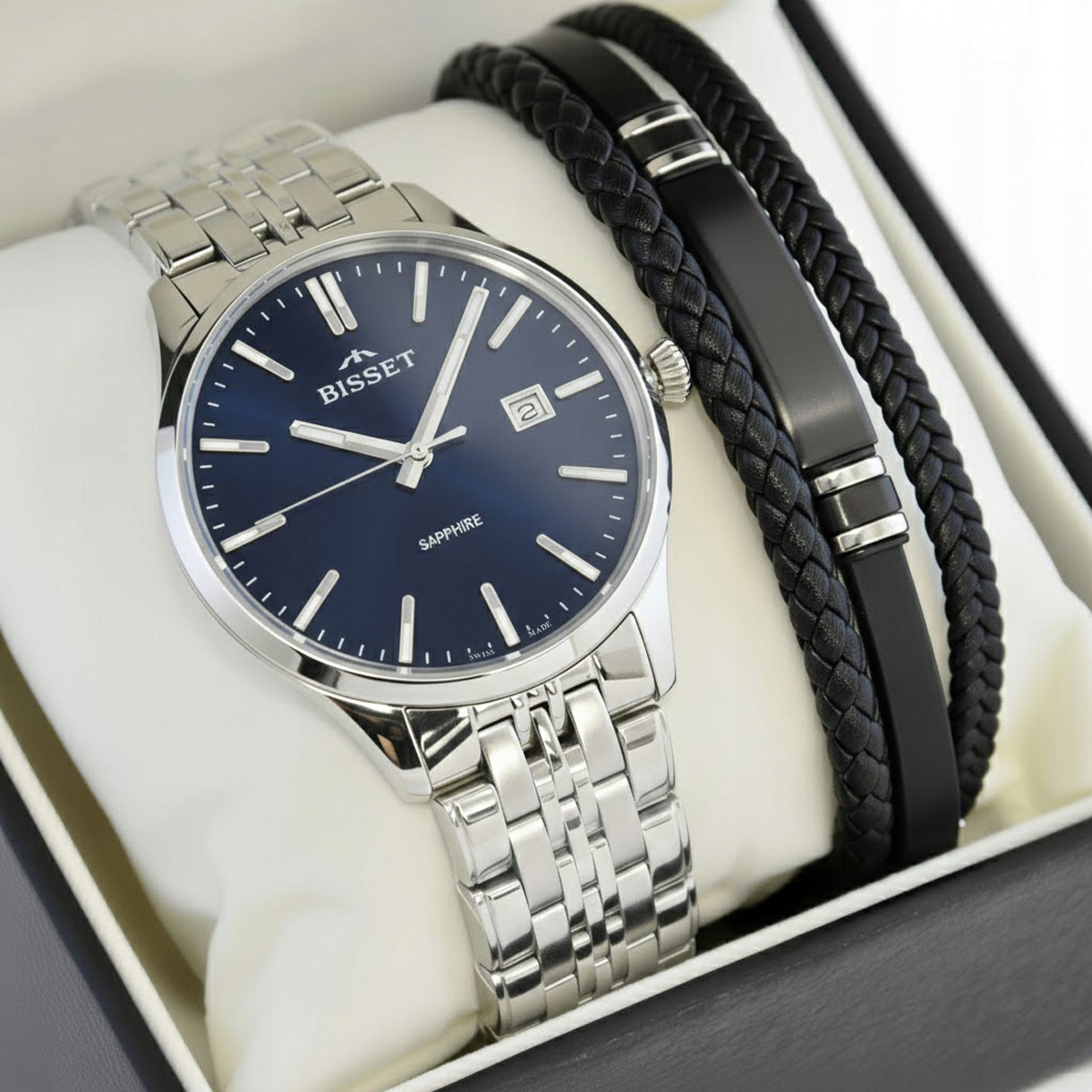 Pánský set Švýcarské hodinky Bisset Safír s datumovkou Gravírování