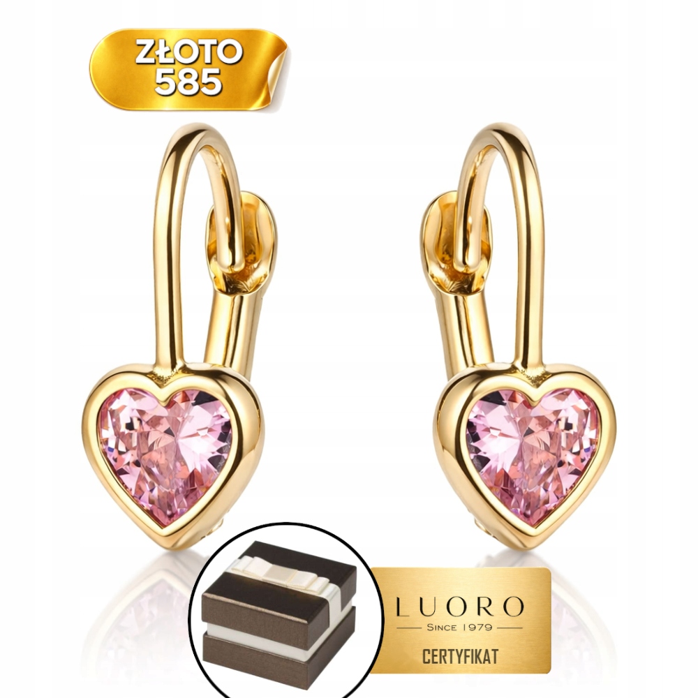 Náušnice Zlaté 585 14K Srdce S Růžovým Kamenem Bižuterie 14 MM Elegantní