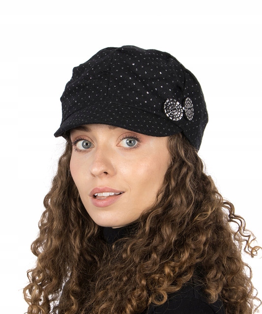 

Czarny Kaszkiet Damski Dwa Guziki Czapka Wełna