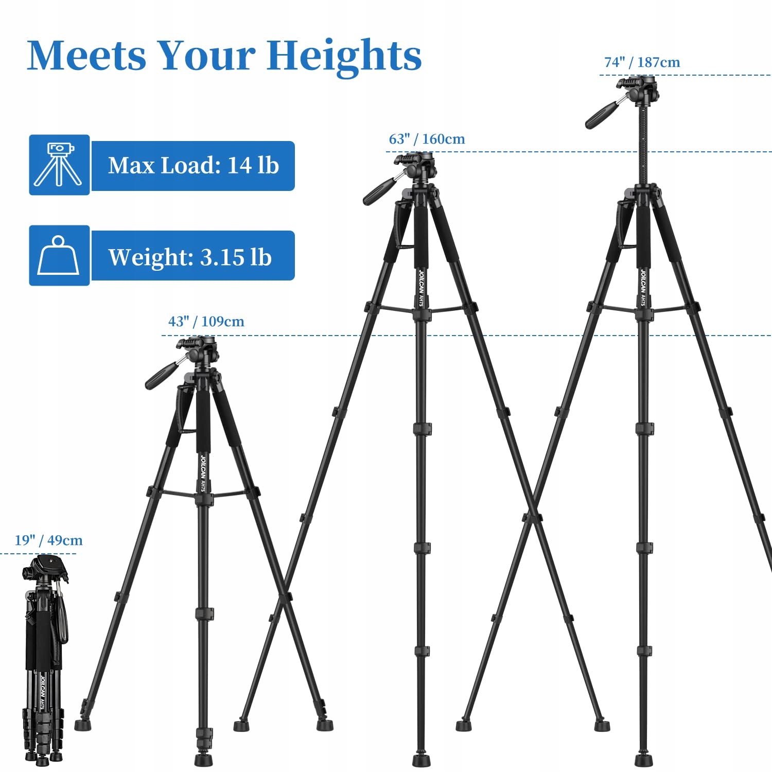 JOILCAN Statyw Fotograficzny 187cm Aluminiowy z Głowicą i Uchwyt na Telefon — miniatura 2