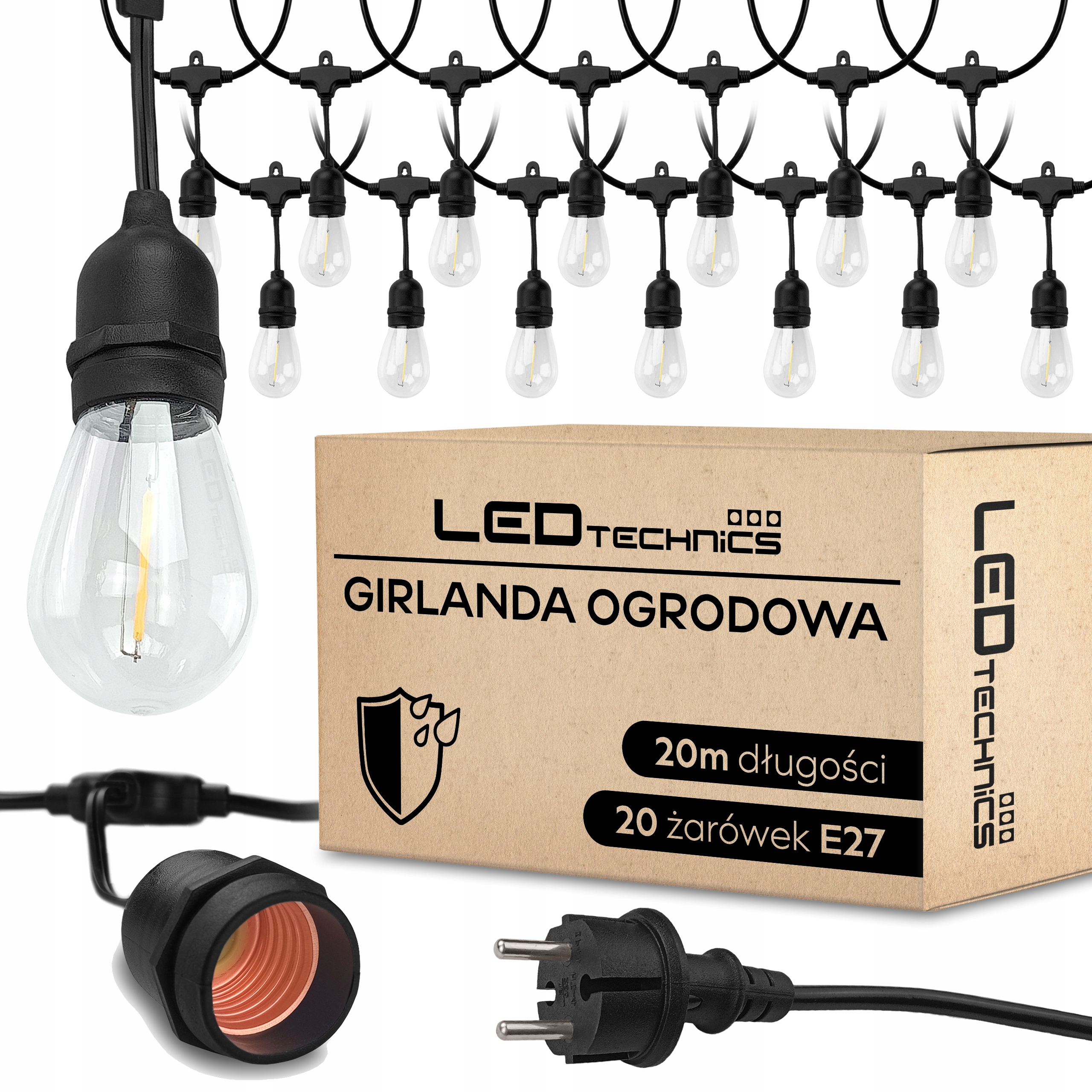 Venkovní světelná girlanda 20 m 20x Led žárovka E27 Vodotěsná