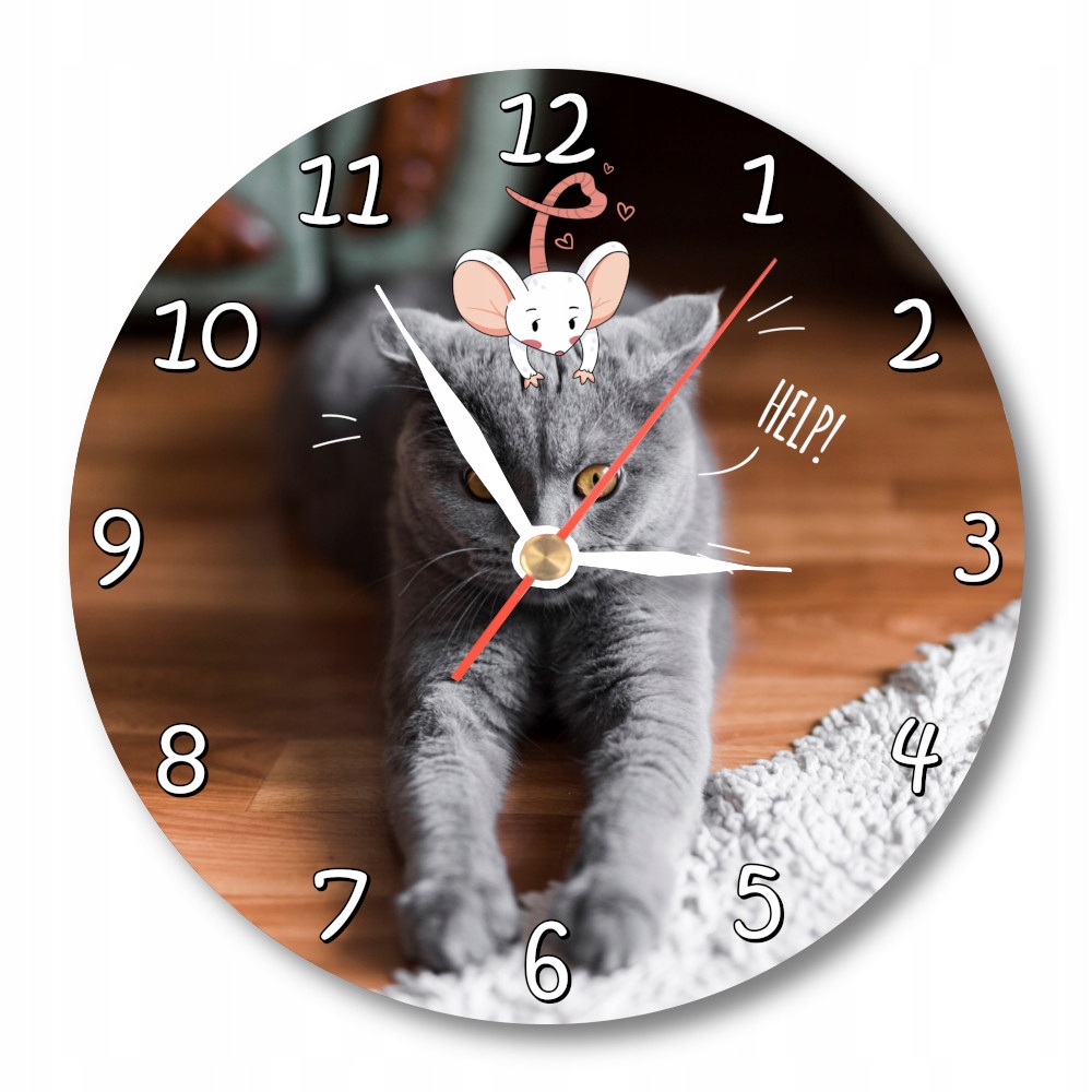 Okrągły ścienny zegar ze śmiesznym kotem mysz kot