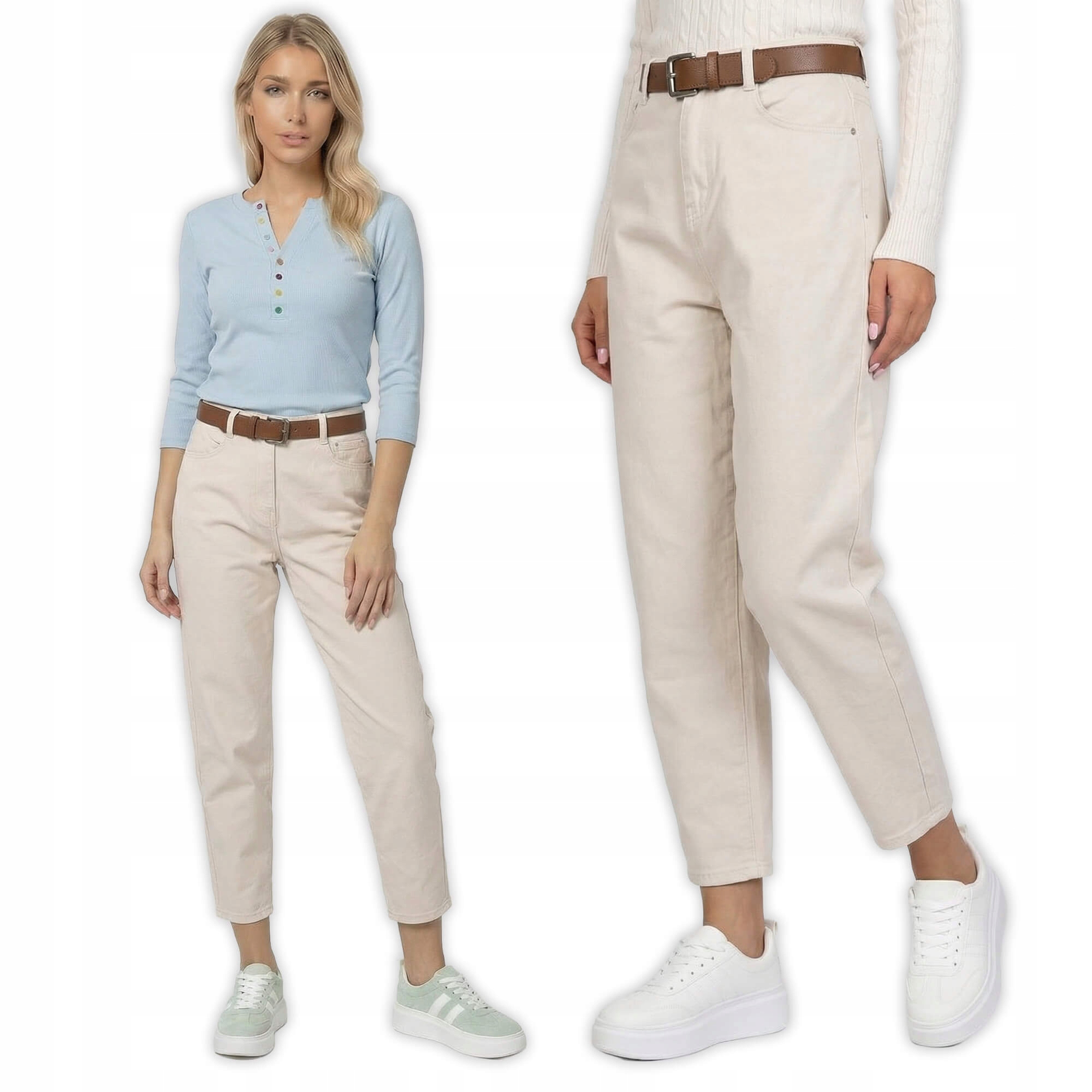 Spodnie jeans damskie M.Sara Boyfriend wysoki stan Beżowe L