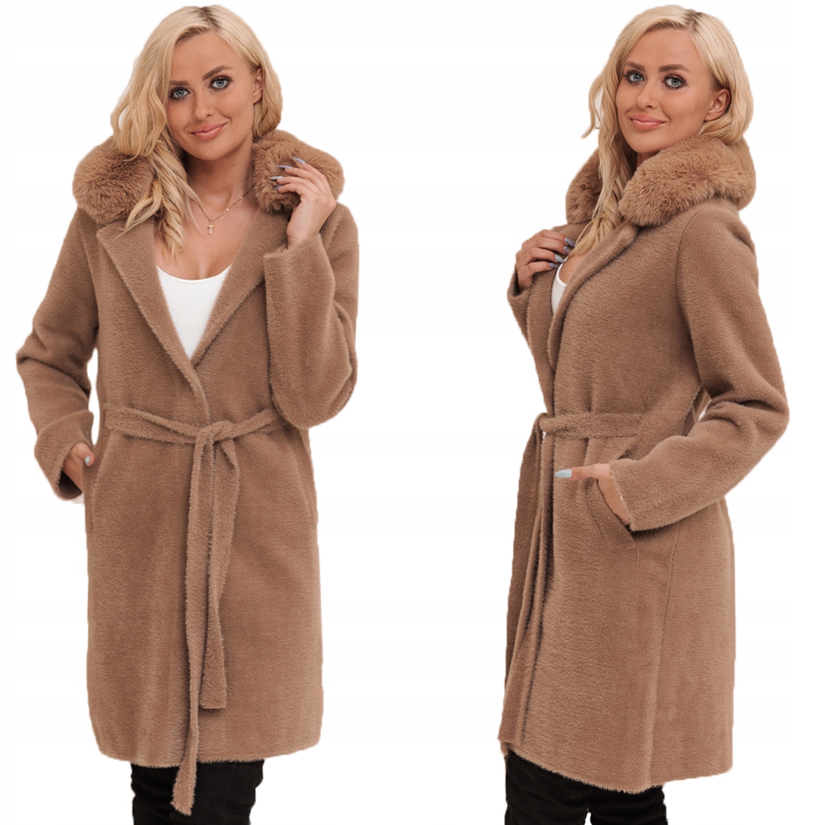 Alpaka S Kožešinou, Teplý Kabát S Páskem, Barevné Provedení