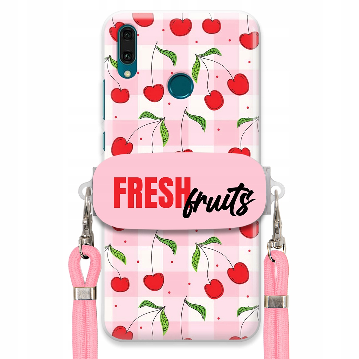 Puzdro pre Huawei Y9 2019 Case držiak na šnúrku Ružový Fresh Fruits Mriežka