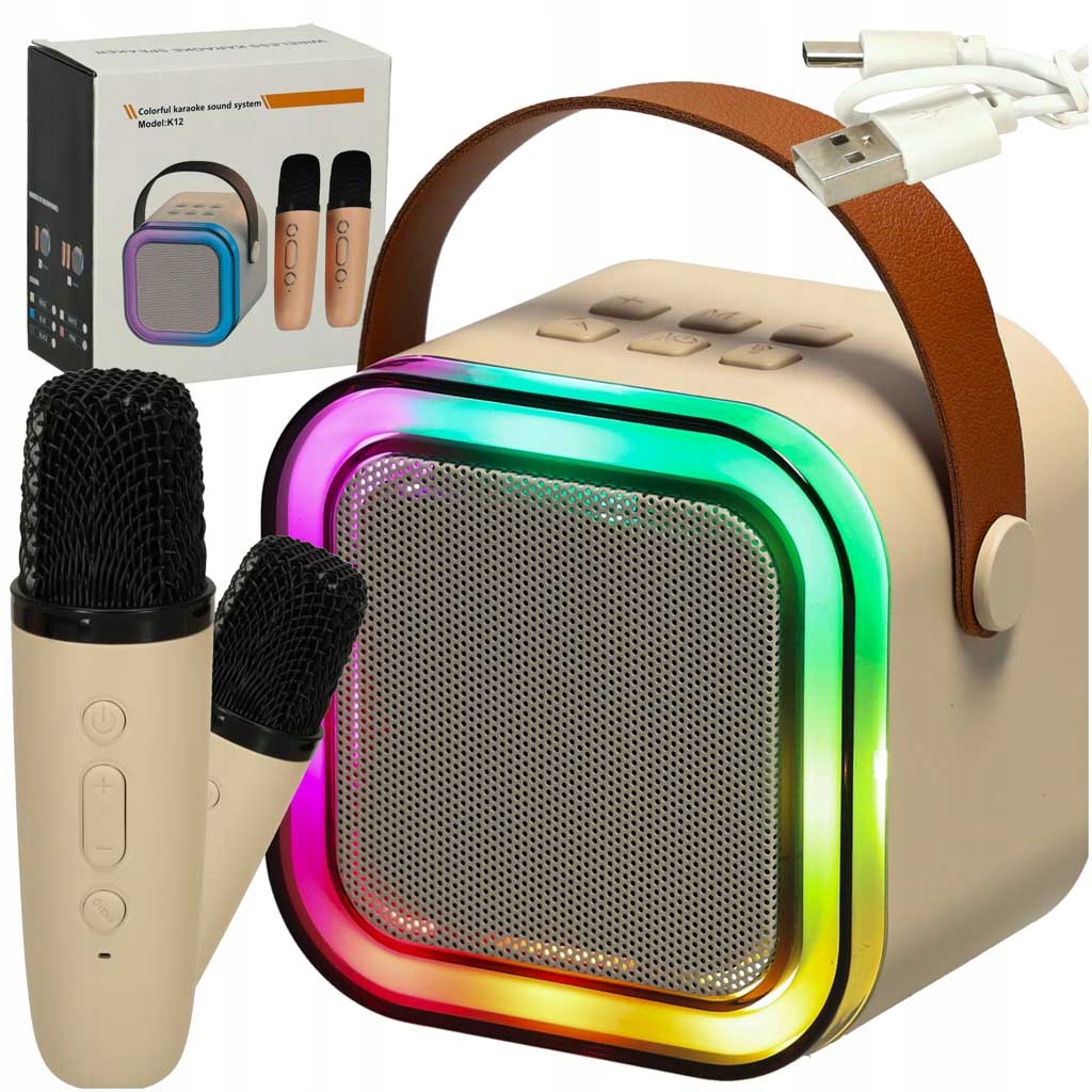 Zestaw do karaoke 2 mikrofony głośnik przenośny Bluetooth Usb Led beżowy