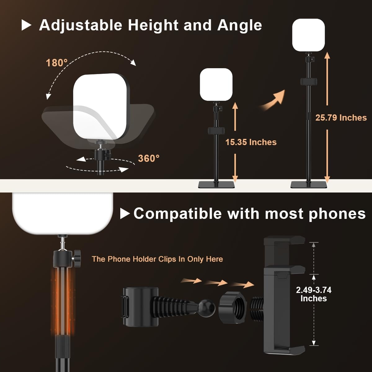 MOJIMDO Lampa LED 180 Z Telefonem 3 Kolory 5 Jasności USB 2 Sztuki — miniatura 5