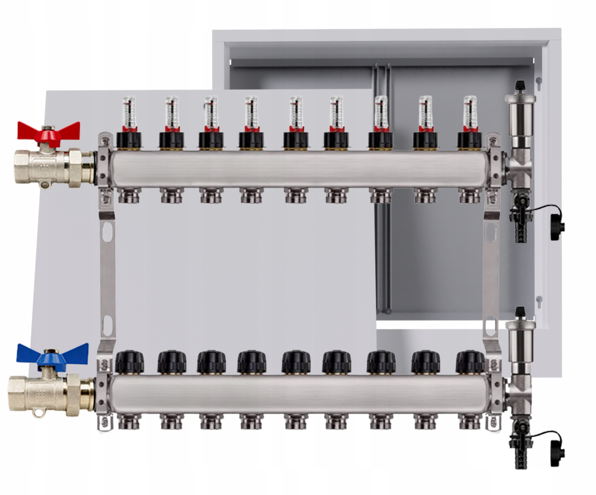 Nerezový rozdělovač pro podlahu 9 okruhů nástěnná skříňka ventily