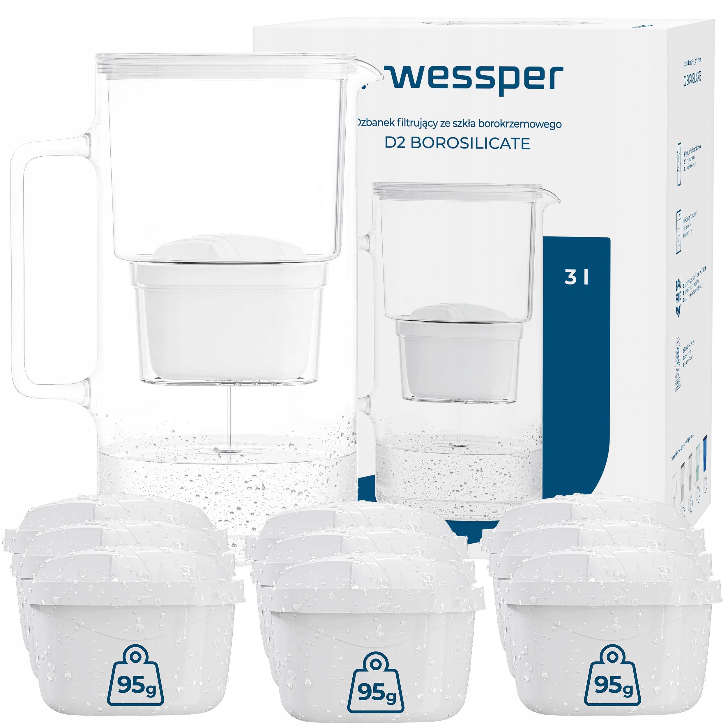 Dzbanek szklany filtrujący Wessper D2 Borosilicate 3l bialy 10x filtr