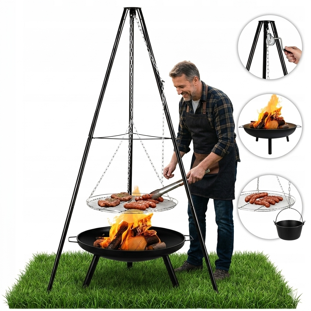 PALENISKO OGRODOWE 60CM Z GRILLEM NA TRÓJNOGU Z RUSZTEM 152CM MILANO ZESTAW