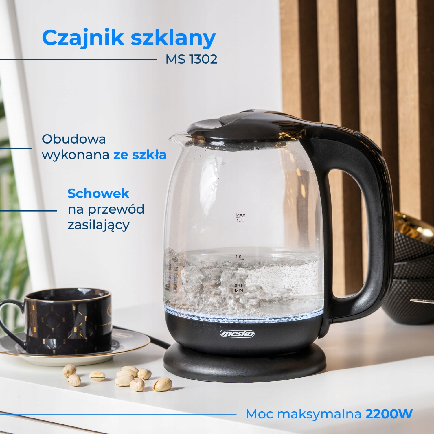 Czajnik Szklany MS 1302 Black 1,7L z Podświetleniem LED 2200W