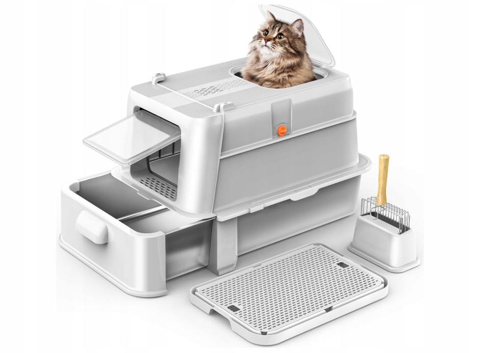 Levně Uzavřená toaleta pro kočky z z nerezové oceli s víkem XL, šedá