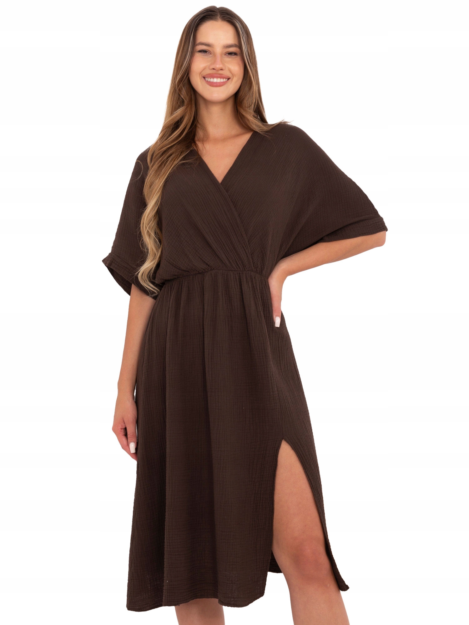 Sukienka Muślinowa Letnia Damska Rozkloszowana z kopertowym dekoltem