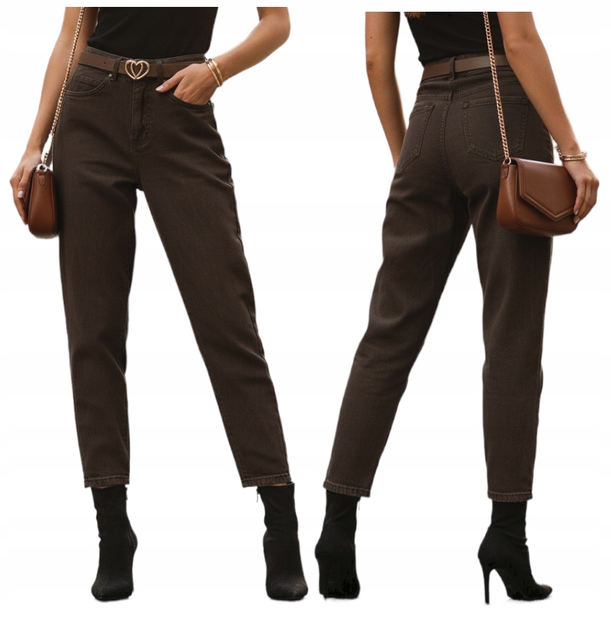 Spodnie Damskie Jeansy Mom Fit Luźne z Paskiem Serduszka Czekolada XXL 44