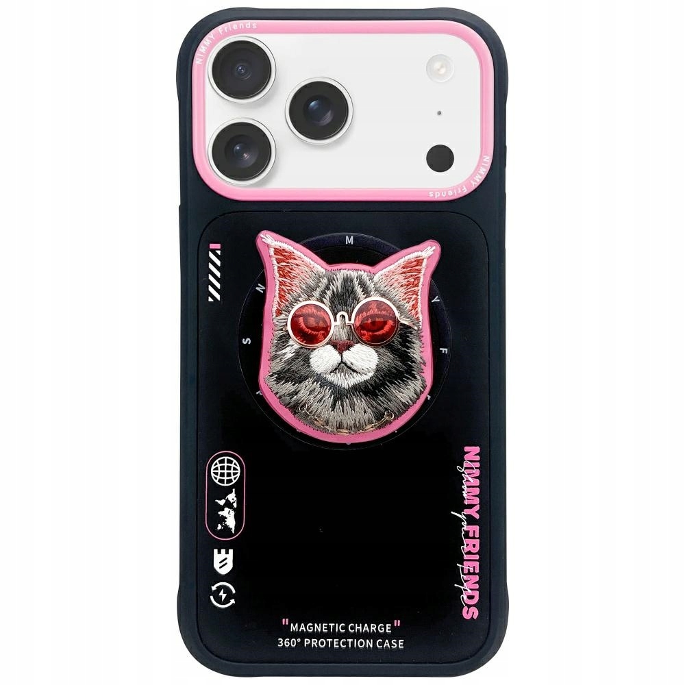Etui Nimmy Glasses Cool Cat MagSafe do iPhone 17 Pro czarno- różowe