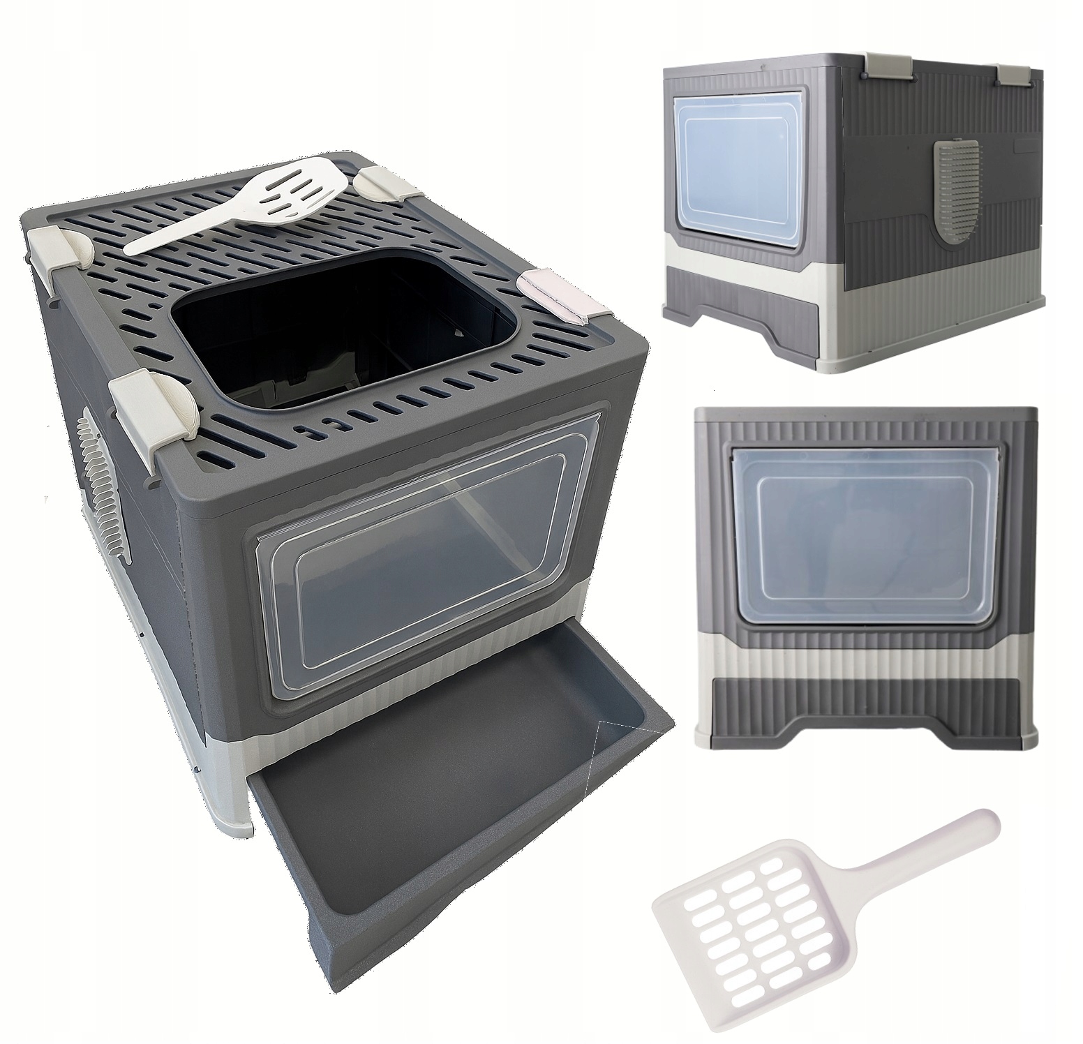 Levně Velká krytá kočičí toaleta na stelivo pro kočky se zásuvkou lopatka praktická F097