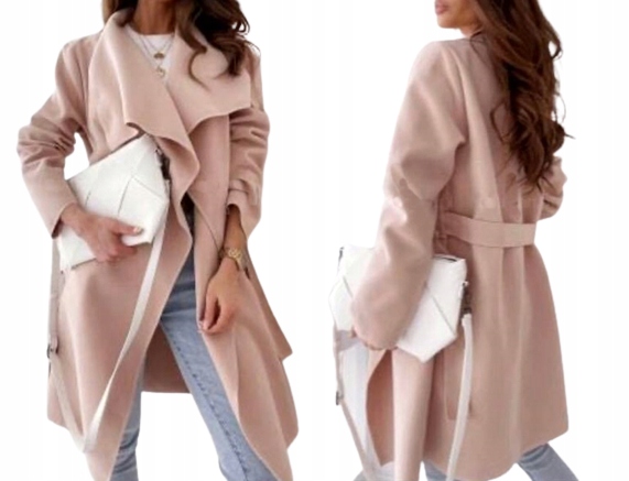 3 Płaszcz wiązany klasyczny kieszenie pasek flausz Długość do kolan