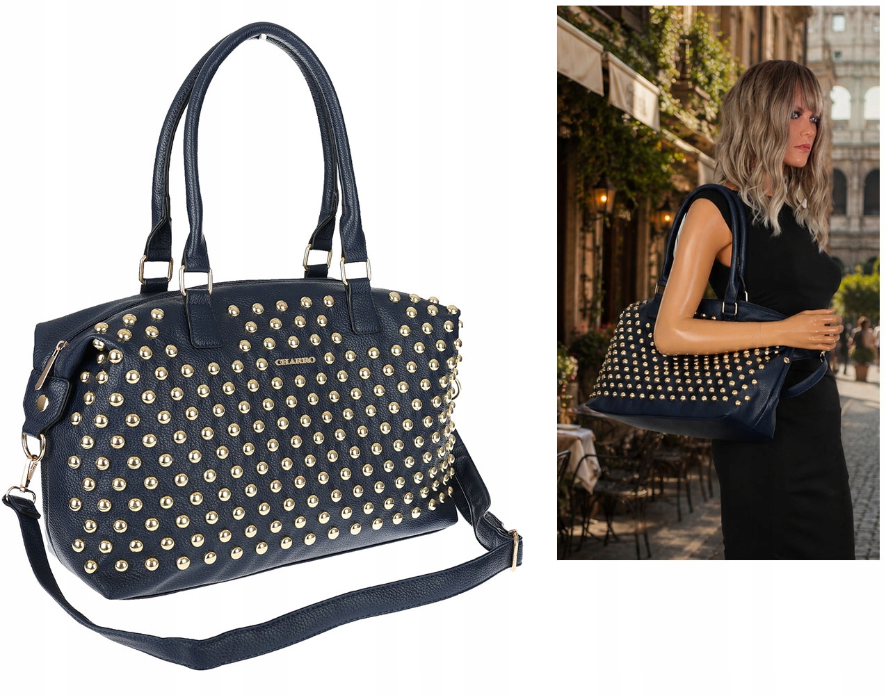 Dámská kabelka kufřík kabelka přes rameno shopper s módními cvočky CH25 Tmavě modrá