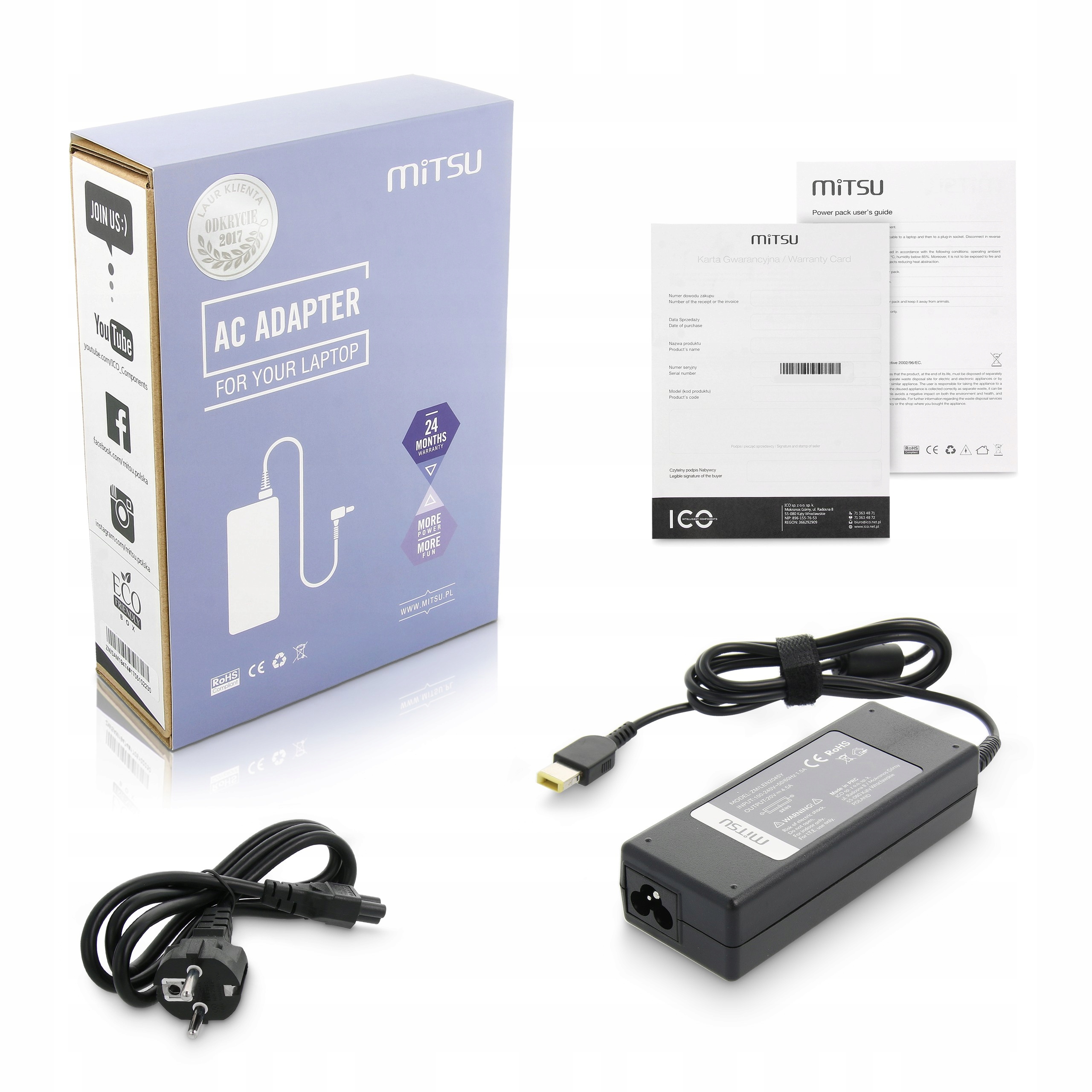 Napájecí adaptér Mitsu 20v 4.5a (obdélníkový 11.0x4.5 pin Yoga) 90W pro Lenovo