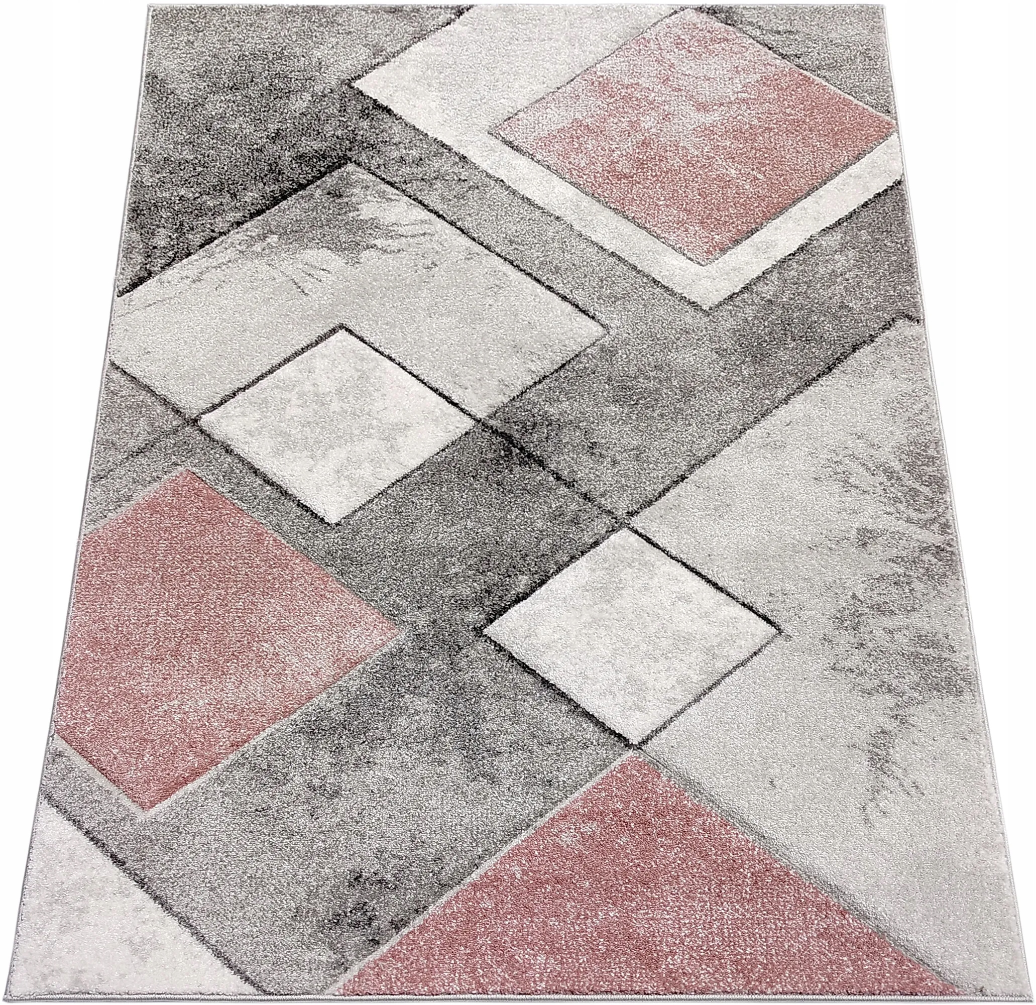 DYWAN 120x180 SZARY Z RÓŻEM NOWOCZESNY DO SALONU GEOMETRYCZNY PUDROWY