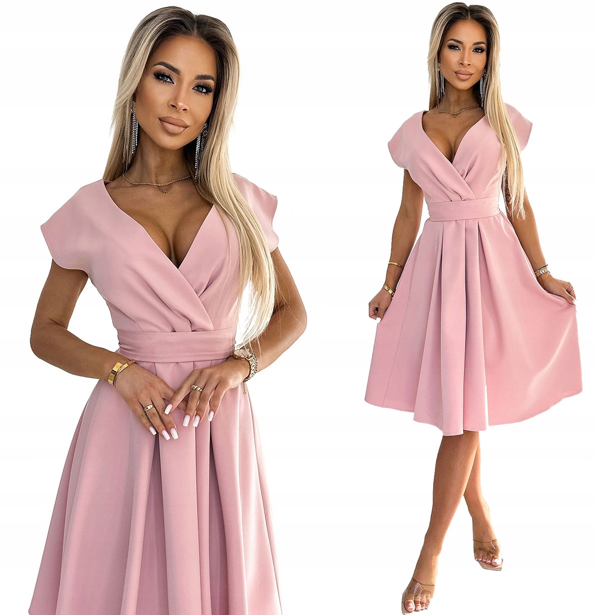 Rozkládací Šaty S Hlubokým Výstřihem, Zavazování V Pase, Pudrová Růžová, Velikost M