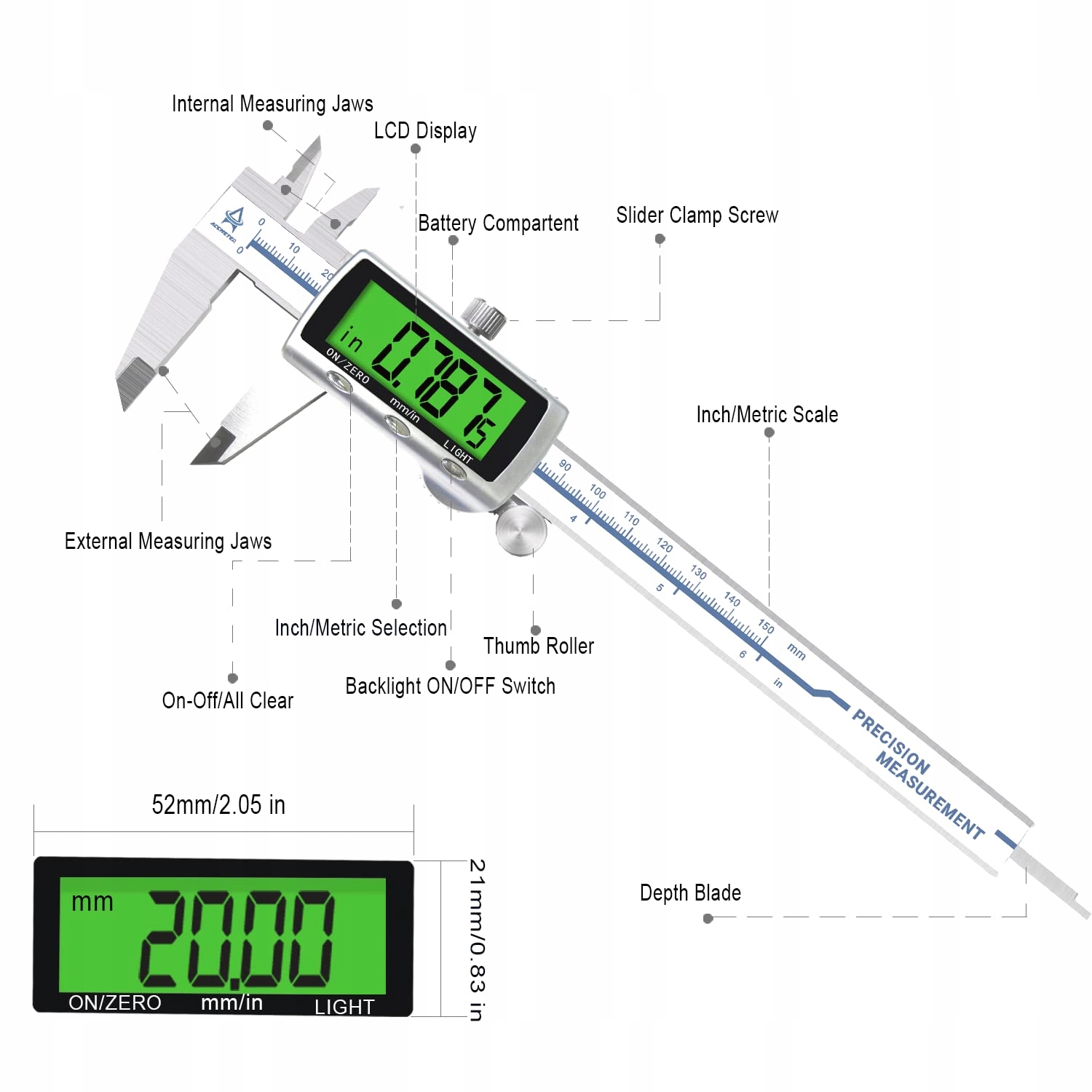 ACEMETER Suwmiarka Cyfrowa 150mm LCD Stal Nierdzewna IP54 Wodoodporna — miniatura 6