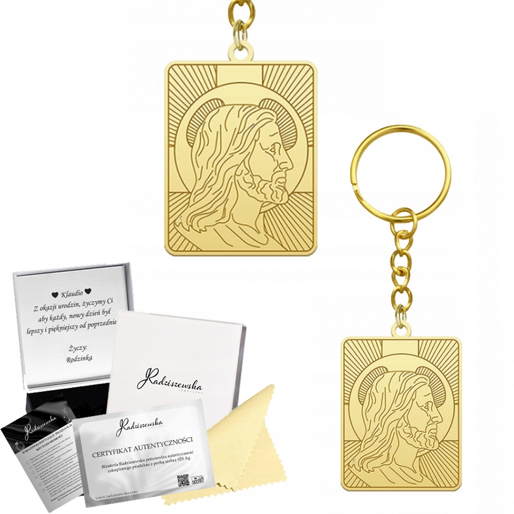 Zlatý Přívěsek Na Klíče na klíče Medailon Pán Ježíš Stříbro 925. Narozeniny Gravírování Bonus