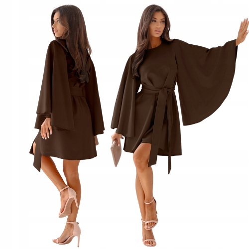 Trapezowa Sukienka Długi Szeroki Rękaw Wiązanie Czekolada