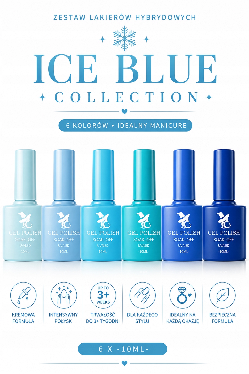 Sada hybridních laků Ice Blue Sky Ocean 6 barev Premium Uv/led
