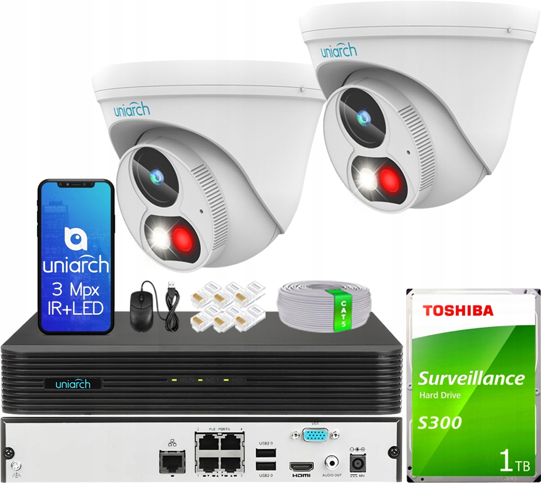 Zestaw Monitoringu Do Rozbudowy 2 Kamery Uniarch 3Mpx Rejestrator 4CH PoE